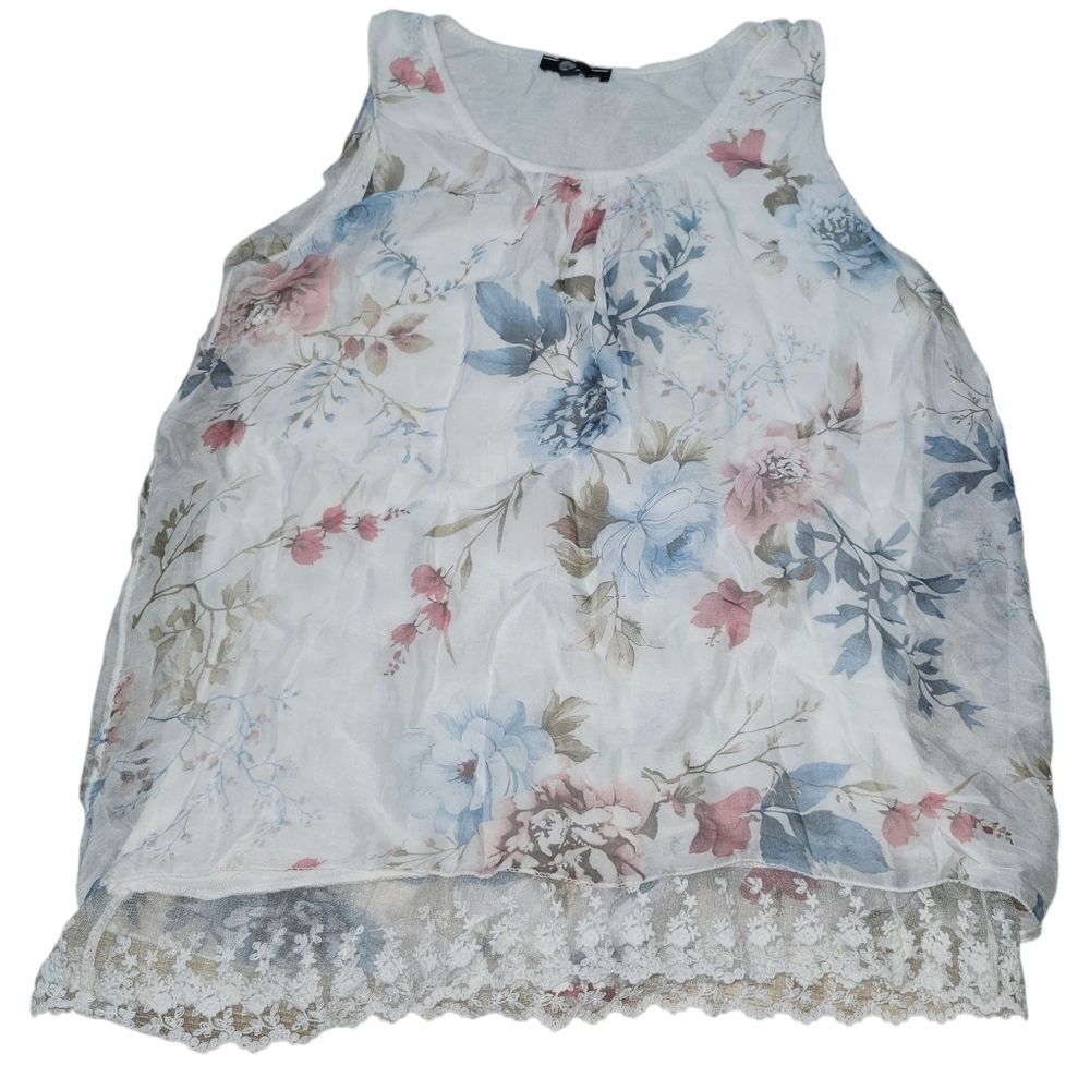M Made in Italy Floral Chiffon Sleeveless Blouse Lace Hem Silk Blend Sz M